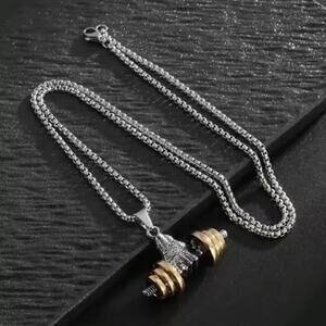 Men’s Dumbbell Pendant Necklace | Silver & Gold Tone Strength Gym Chain Gift